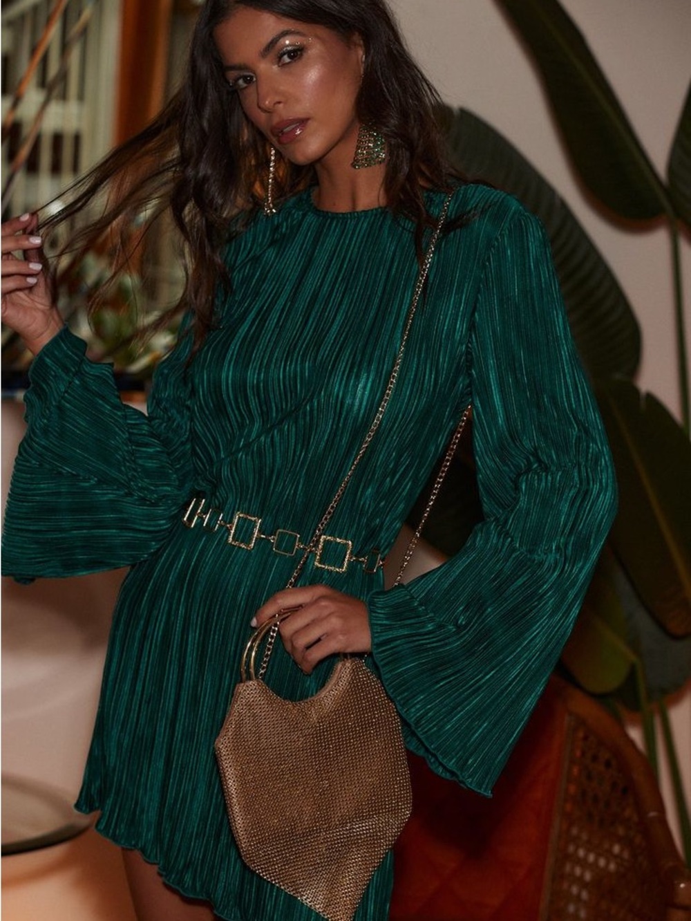 NWT 12th Tribe Emerald Green Pleated Bell-Sleeve Mini Dress Open Back Size XL
